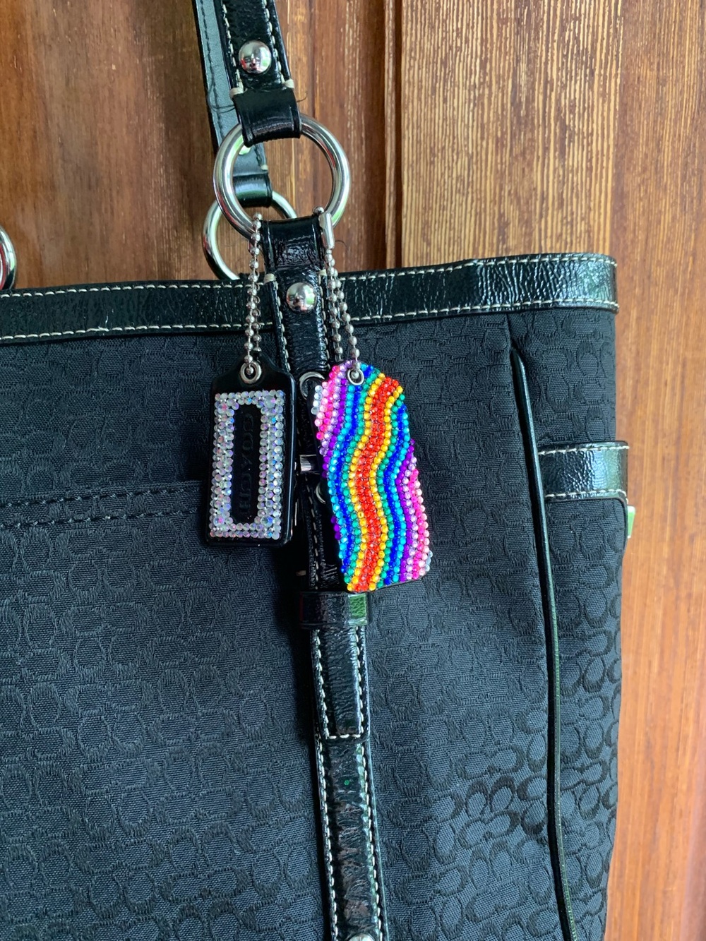 Coach Black Leather Hang Tag Keychain Charm customized with Rainbow Rhinestones - Picture 7 of 8
